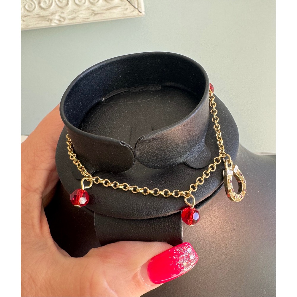 Vintage Gold Tone Chain‎ Bracelet with Red Crystal Beads Horseshoe Charm Jewelry